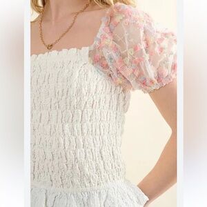 Elegant White Blouse with Multicolor Puffy Sequin Sleeves